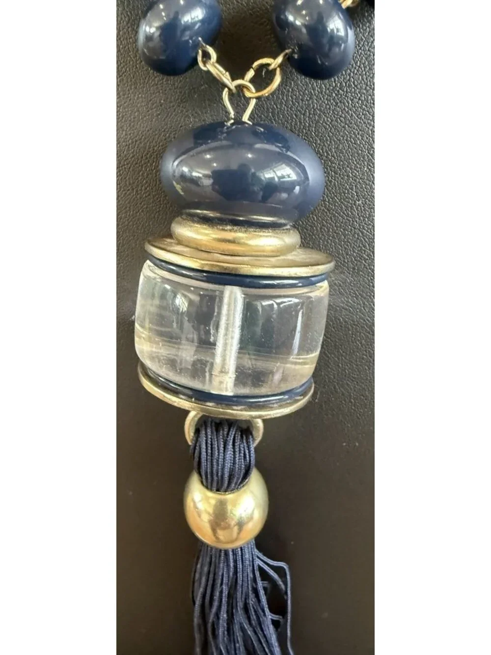 Chico’s Tassel Necklace  Navy Blue W/ Pendant Beaded Chain Gold Tone 32” - Picture 2 of 6